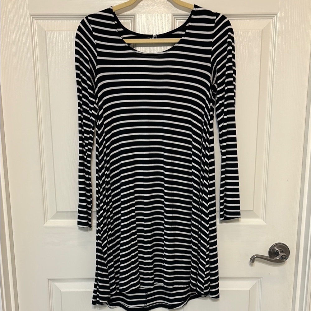 Black and white striped long-sleeve dress